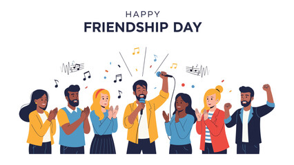 Fototapeta premium Friends Unite: A vibrant illustration of a diverse group of friends celebrating Friendship Day, with one friend singing into a microphone, surrounded by musical notes and clapping hands.