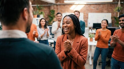 Fototapeta premium Young woman celebrating promotion in open office, colleagues clapping and smiling in supportive modern workspace