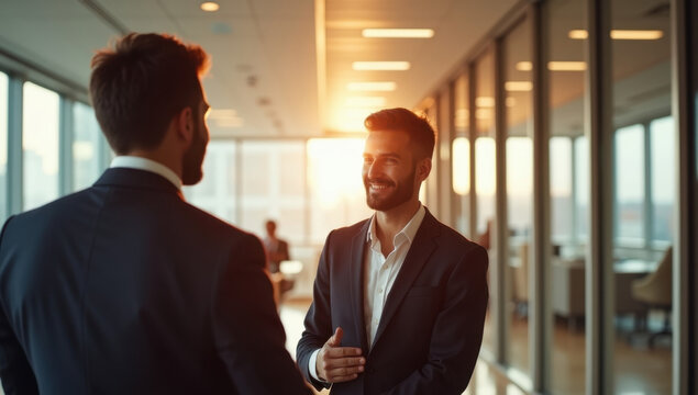 High-end corporate partnership photography, executives celebrating successful deal in luxury office, authentic smiling interaction, modern financial business atmosphere, cinematic sunlight, premium co
