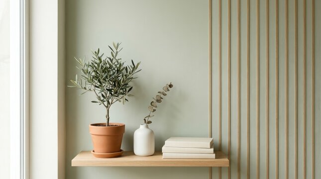 A small olive tree sits on a wooden shelf above a stack of books. A white vase with a sprig of greenery rests on the shelf alongside the potted tree.