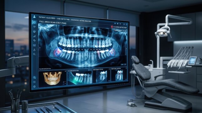 A dentist analyzes a full arch scan on a large, high-resolution display in a modern dental office.