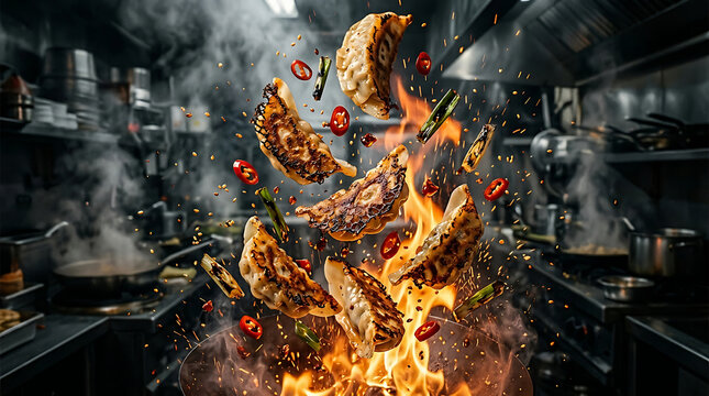 Chef tossing pan seared gyoza dumplings with chili and green onions in professional kitchen.