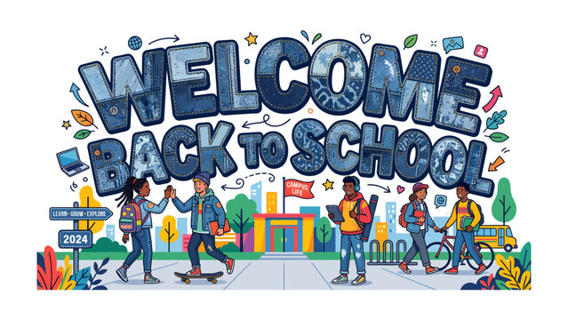 Welcome Back To School Scene: A vibrant illustration depicting a diverse group of students arriving at school, ready for a new academic year filled with learning and adventure.