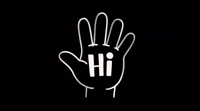 Bold White Hand Illustration with 'Hi' Greeting on Deep Black Background