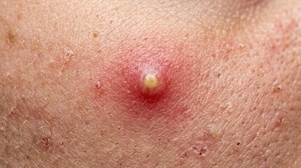 Fototapeta premium A close-up image shows a single, inflamed pimple on a person's skin. The pimple is red and swollen, with a visible white head.