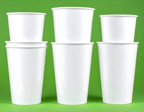Stacked White Paper Cups on Green Background