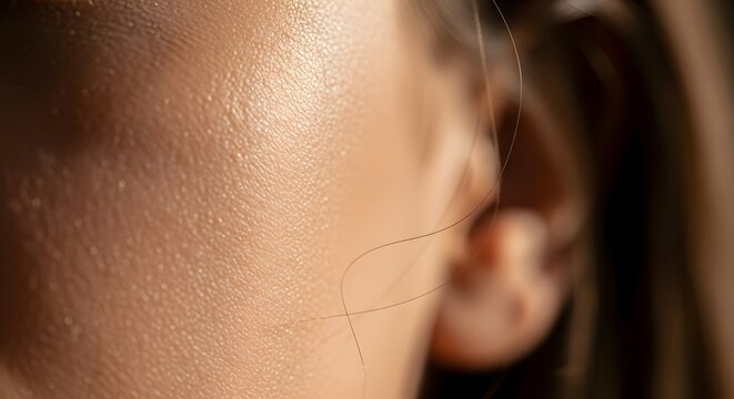 Close up of a young girls forehead and ear with soft natural light.