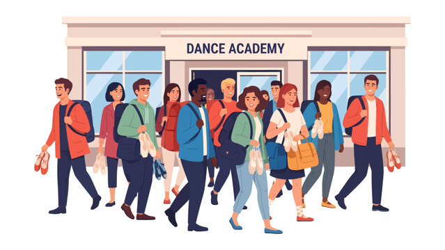 Students Flock to Dance Academy: A diverse group of young individuals, carrying dance shoes and bags, emerge from a building labeled DANCE ACADEMY, ready to pursue their passion for movement.