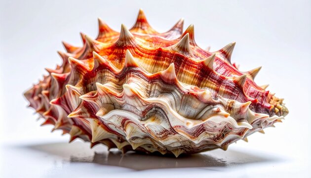 Close-up macro photo of red and white thorny oyster shell with spiny texture