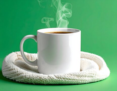 Steaming Coffee in White Mug on Green