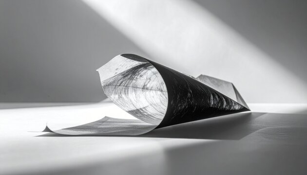 Abstract black and white photogram of geometric crystal shape on light-sensitive paper