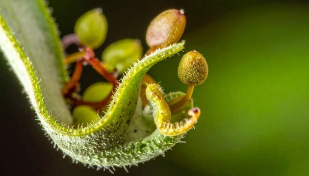 Close-up macro of liverwort Pellia epiphylla with spring sporophyte capsules