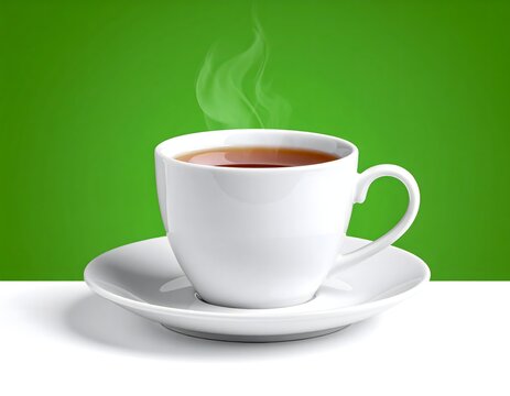 Steaming Hot Tea in White Cup on Green Background