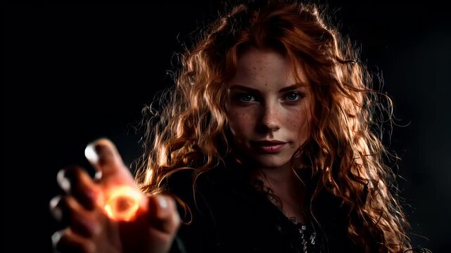 Fantasy wallpaper. A dramatic portrait of a woman with striking red hair and freckles, set against a dark, moody background. She holds a flaming object in her right hand.