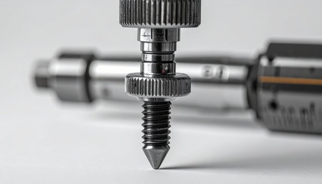 Close-up of micrometer screw gauge thimble and spindle in precision measurement tool
