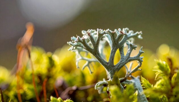 Close-up of Iceland moss (Cetraria islandica) with lobed thallus in natural light