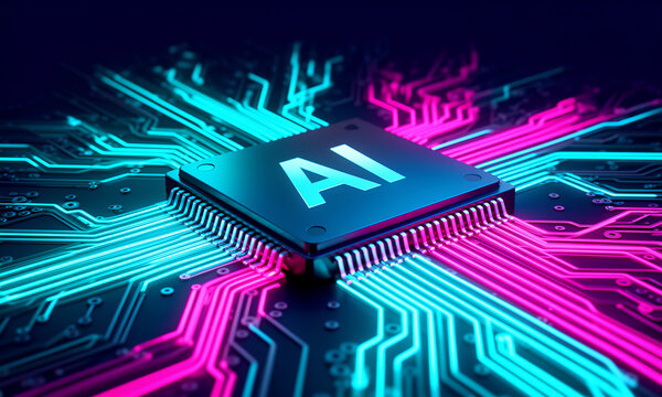 Close-up of AI microchip on glowing circuit board with neon blue and pink lights