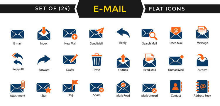 Collection of blue and orange email marketing symbols including inbox reply forward drafts trash outbox read unread mail archive attachment star flag and contact