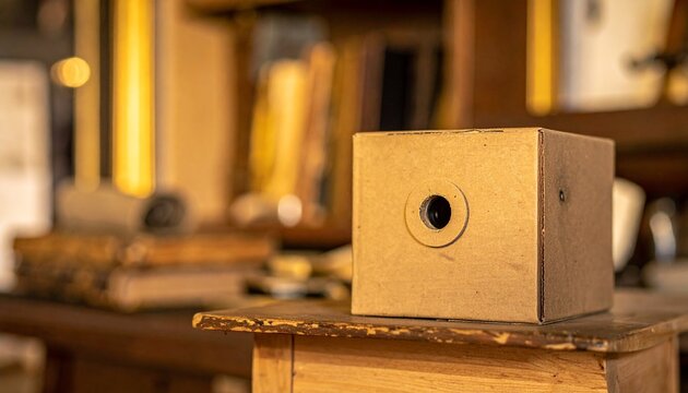 Close-up of handmade cardboard pinhole camera with exposure hole on wooden table