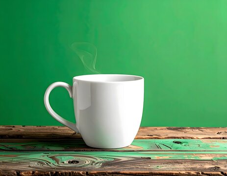Steaming White Mug on Distressed Green Wood