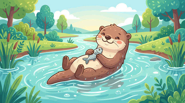 Cartoon otter floating on river holding fish illustration nature concept
