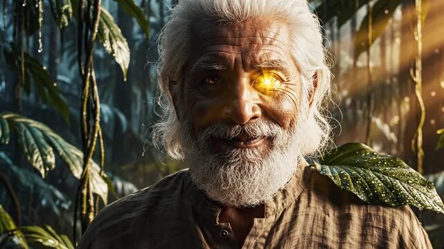 Elderly man with white beard in lush jungle setting