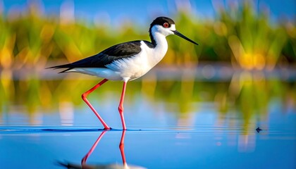 Fototapeta premium Black-necked stilt standing in shallow water with reflection at sunset