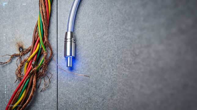 Severed Chaotic Copper Wires Next to Sleek Glowing Fiber‑Optic &ndash; Breaking Customization Macro &ndash; Eradicating Technical Debt &ndash; Industrial‑Clean Hard Light