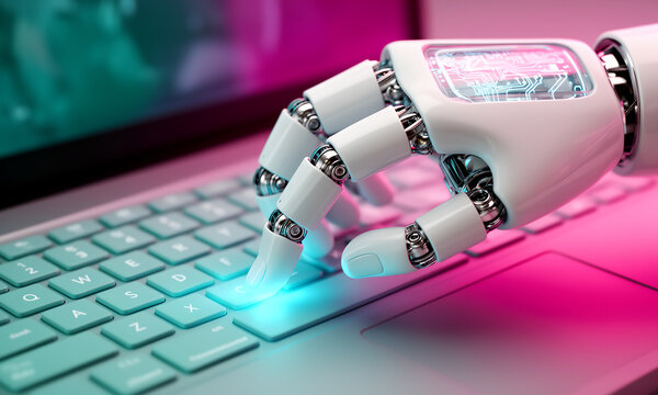 Robotic hand typing on a glowing laptop keyboard, futuristic technology concept