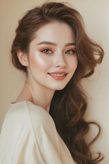 Fototapeta premium Captivating Asian female portrait revealing delicate skincare charm alongside glossy brown hair wallpaper campaign scenery beautifully