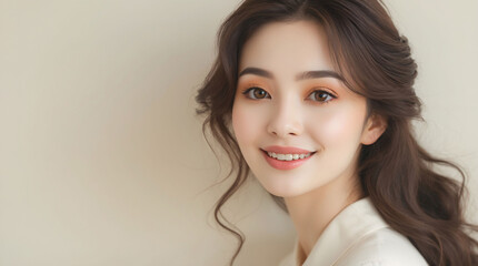 Obraz premium Glamorous Asian woman portrait capturing flawless skin texture and healthy brown hair promotional wallpaper backdrop imagery