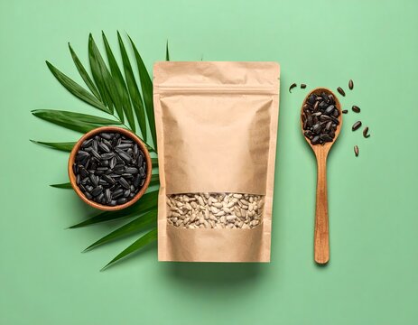Sunflower Seeds with Kraft Pouch and Palm Leaf on Green Background