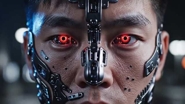 A close up portrait of a man with advanced cybernetic facial implants and glowing eyes