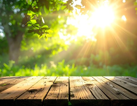 Sunny Wooden Table in Green Nature Background