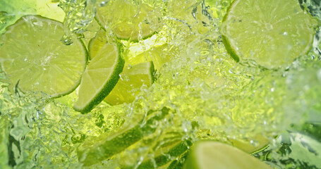 Fresh lime slices falling into sparkling water with bubbles and splashes. Bright green citrus macro photo, perfect for beverage, freshness, summer, cocktail and healthy lifestyle visuals. © Jag_cz