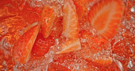 Obraz premium Fresh strawberries falling into sparkling water with bubbles and splashes. Vibrant red fruit macro photo, perfect for beverage, freshness, summer, cocktail and healthy lifestyle visuals.