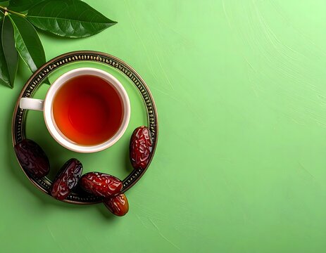 Tea Cup and Dates with Green Leaves