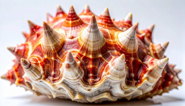 Close-up macro photo of red and white thorny oyster shell spines