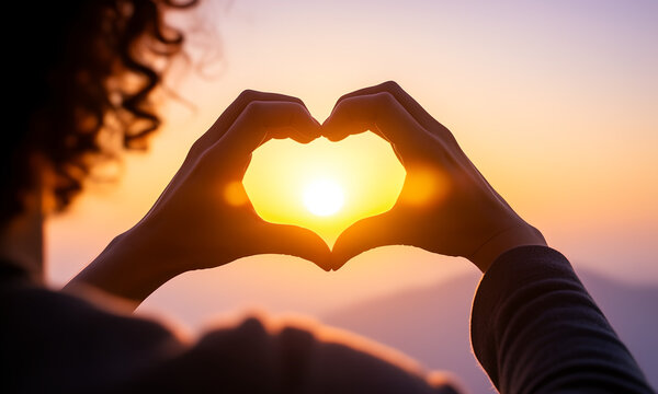 Silhouetted hands forming a heart around the radiant sun during a peaceful sunset.