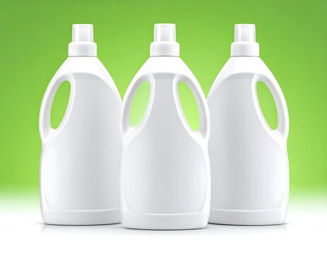 Three Blank White Household Product Bottles on Green