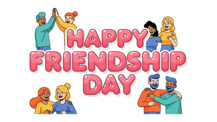 Fototapeta premium Happy Friendship Day: A vibrant illustration celebrating friendship with diverse groups of people sharing joyful moments and the words Happy Friendship Day.