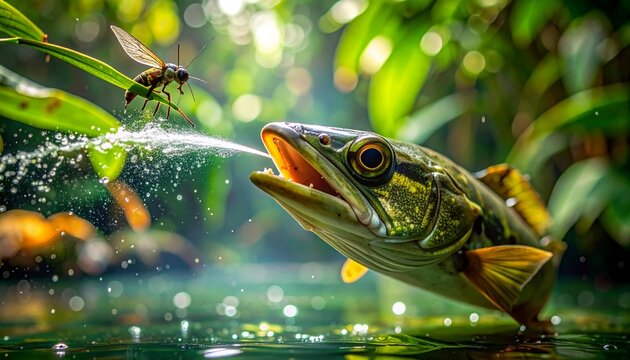 Archer fish spitting water to catch insect prey in aquarium
