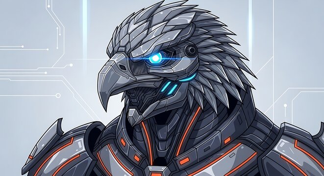 Futuristic robotic bird creature portrait closeup.