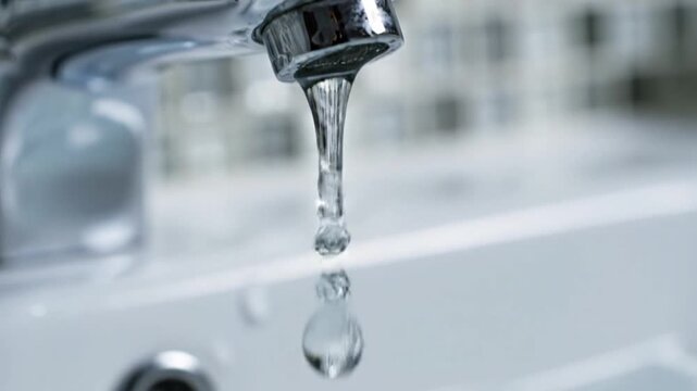 A close up view of a metal faucet dripping clear water into a white sink basin