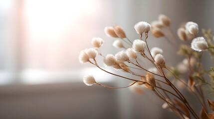 Fototapeta premium Soft golden lit floral elements create a beautiful blurred background texture with gentle warm shadows