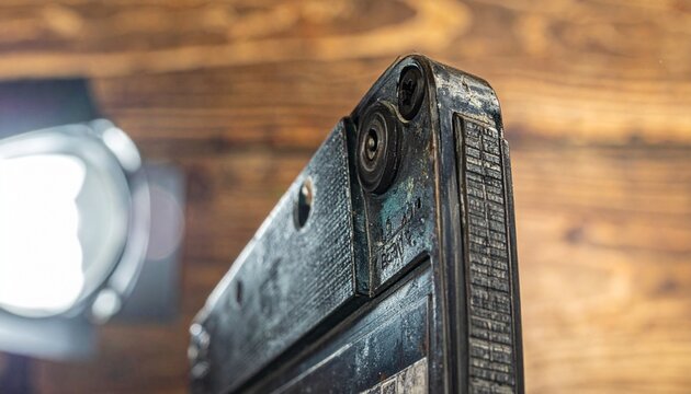 Close-up of vintage cassette tape mechanism with pinch roller and capstan