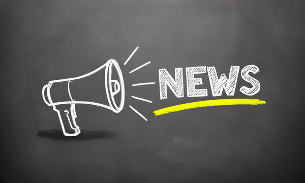 Chalkboard illustration of a megaphone and news text for broadcasting announcements and media updates