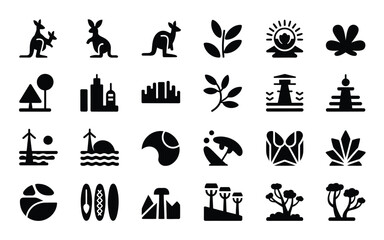 Obraz premium Vector clipart bundle showcasing australian icons and symbols including kangaroo cityscape plants and landmarks