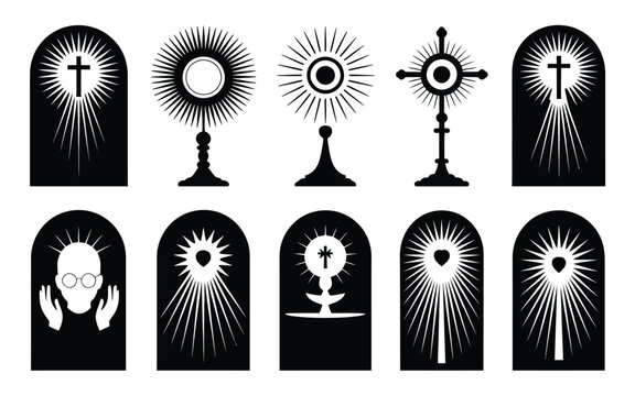 Sacred christian icons and symbols in black and white religious emblems and crosses with radiant beams