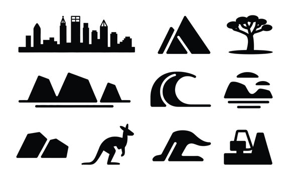 Minimalist black icon set featuring urban skyline mountains wave tree kangaroo rock tent and lamp